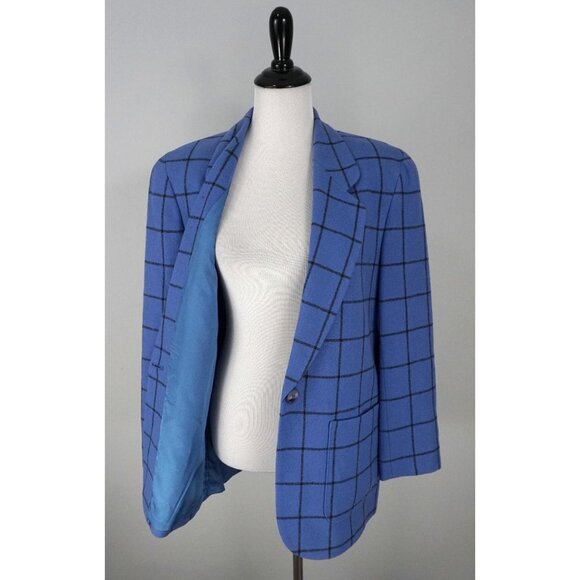 Pendleton Blue Black Striped Check 1 Button Virgin Wool Blazer Coat Size 16 BVM - Picture 2 of 5